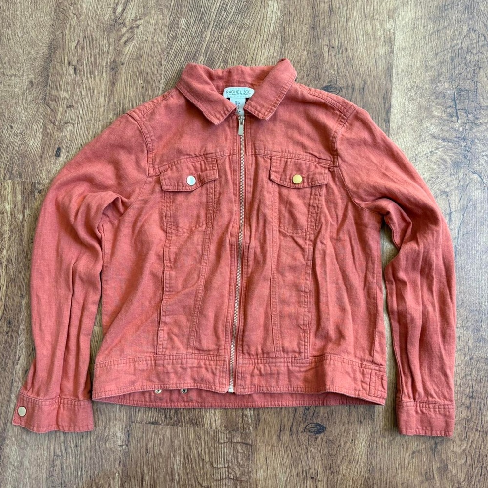 Rachel Zoe Rust Orange Linen Blend Full Zip Trucker Jacket Womens Small